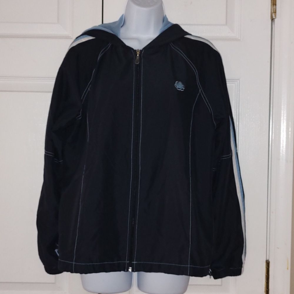 GreenTea navy white light blue lightweight hooded jacket  Sz L  EUC